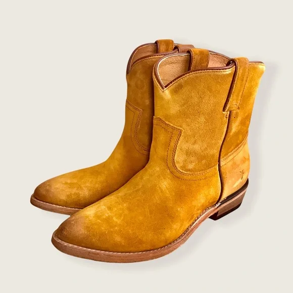 Frye Billy Short Camel Suede Leather South Western Pull On Cowboy Ankle Boots - Picture 11 of 16